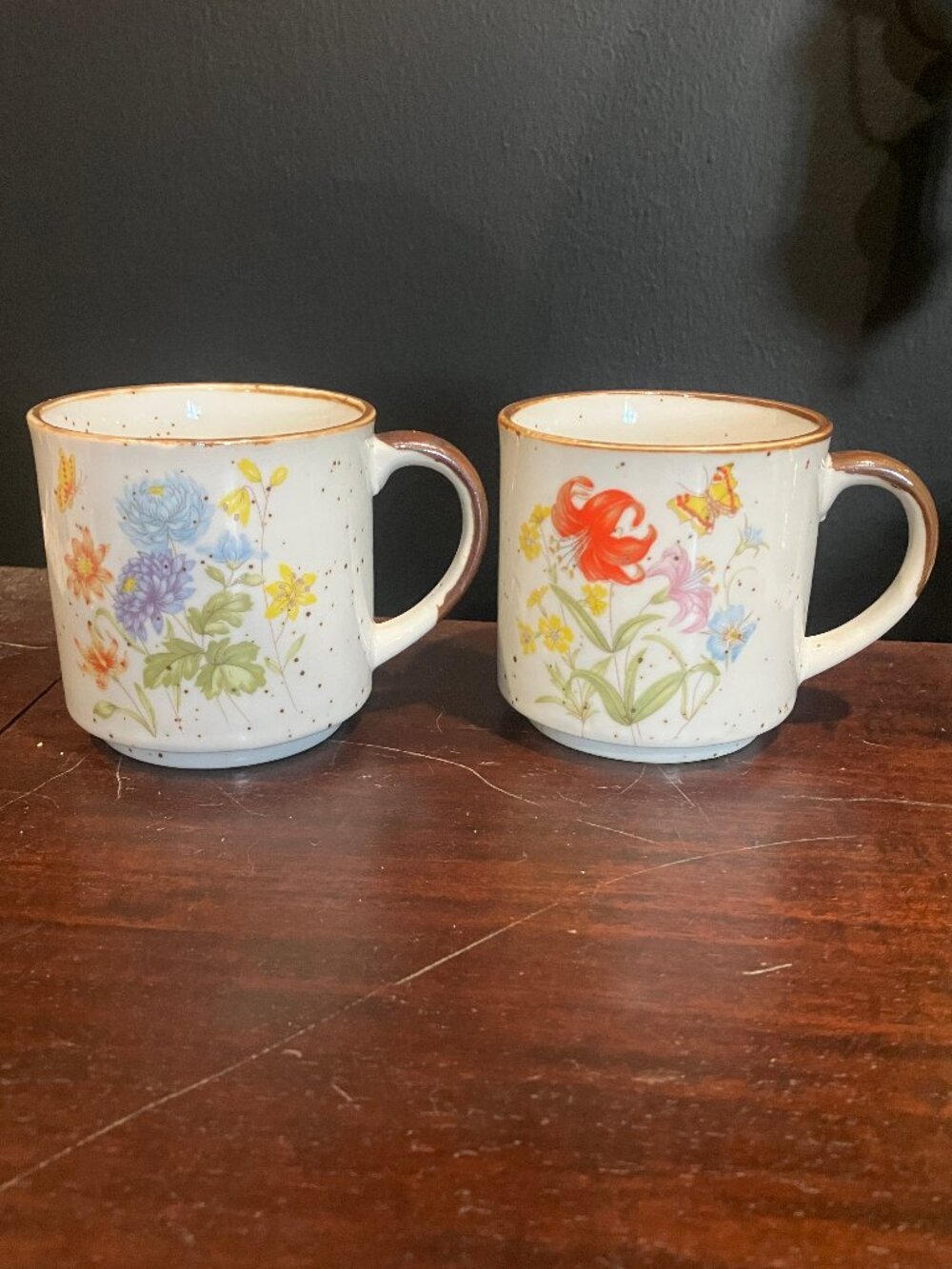Set of 2 Vintage 1960s-70s Japan Stoneware Mugs with Wildflowers & Butterflies